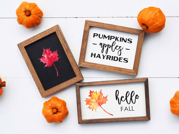 Hello FALL + PUMPKINS, Apples Hayrides + Autumn LEAF Signs Set of 3