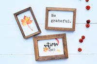 AUTUMN Vibes + Be GRATEFUL + Orange LEAF Signs Set of 3 | Fall Tier Tray Signs | Sign Set Autumn