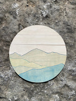 Mountains Wall Decor | Round Wood Mountain Scene Wall Art | Round Mountain Wall Scene