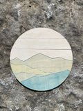 Mountains Wall Decor | Round Wood Mountain Scene Wall Art | Round Mountain Wall Scene