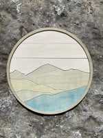 Mountains Wall Decor | Round Wood Mountain Scene Wall Art | Round Mountain Wall Scene